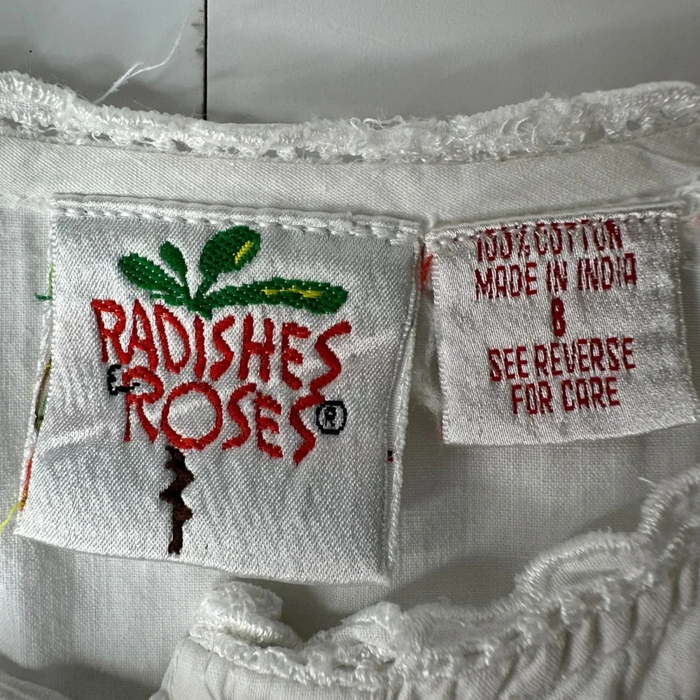 Vtg Radishes &‎ Roses Dress White Cotton Embroidered Pockets Cottagecore Girls 8